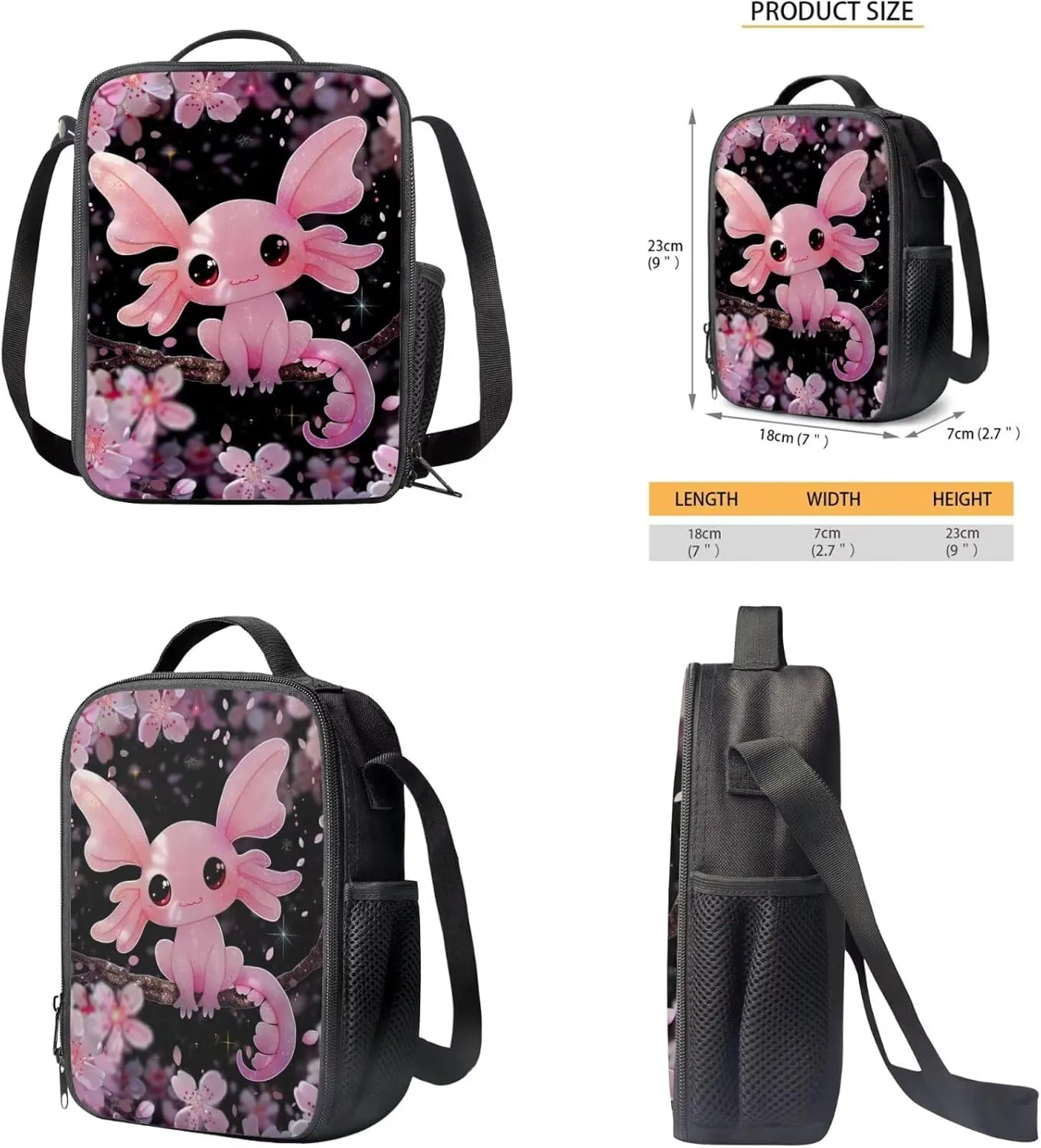 Cherry Blossom Axolotl Backpack for Girls Kids Backpack with Lunch Box Water Bottle Carrier with Strap and Big Pencil Case 4PCS Bookbag with Compartments for School 17 inch Sturdy School Bag