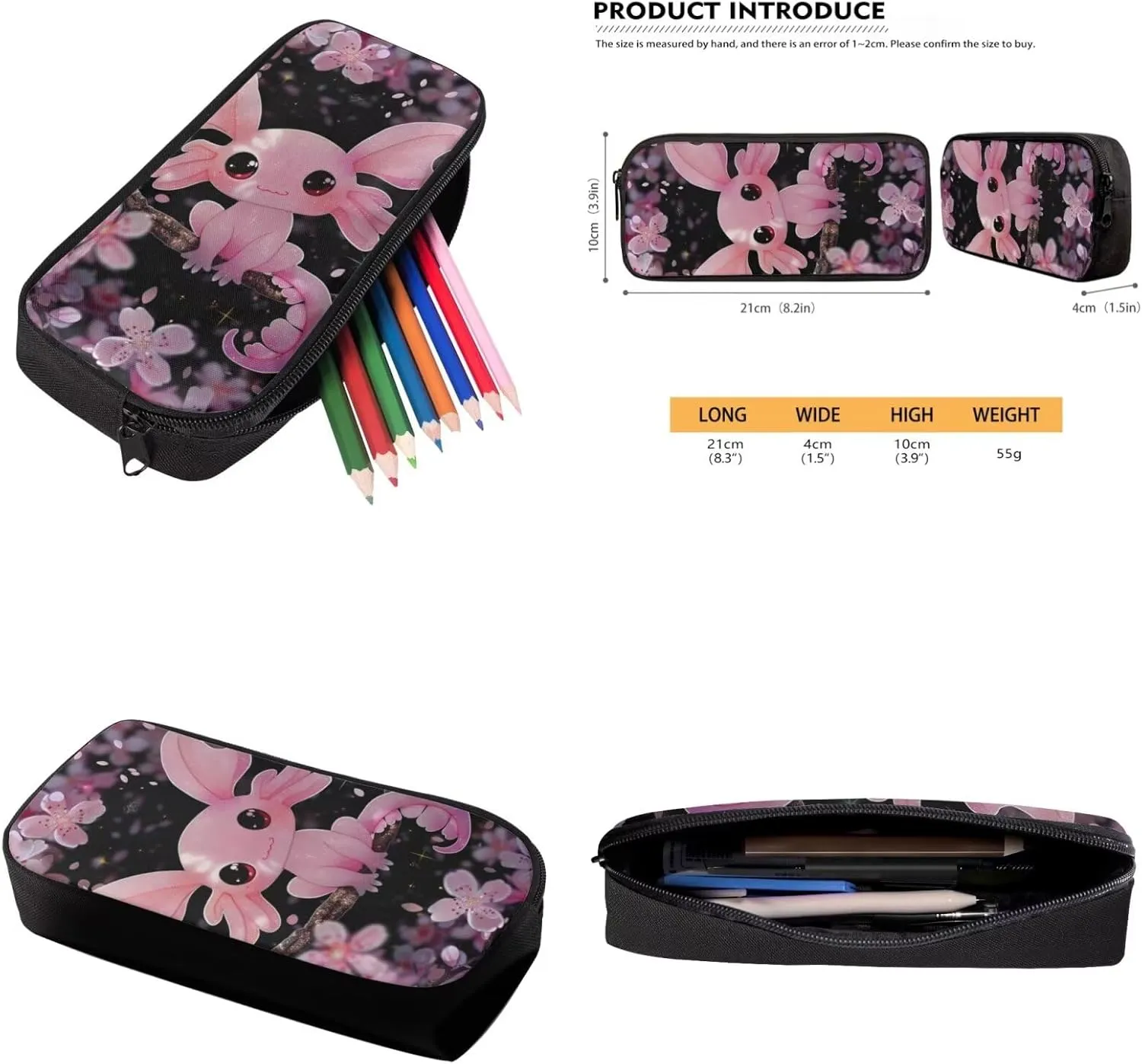 Cherry Blossom Axolotl Backpack for Girls Kids Backpack with Lunch Box Water Bottle Carrier with Strap and Big Pencil Case 4PCS Bookbag with Compartments for School 17 inch Sturdy School Bag