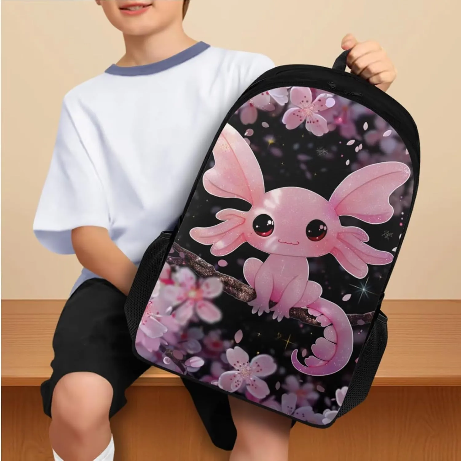 Cherry Blossom Axolotl Backpack for Girls Kids Backpack with Lunch Box Water Bottle Carrier with Strap and Big Pencil Case 4PCS Bookbag with Compartments for School 17 inch Sturdy School Bag