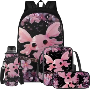 Cherry Blossom Axolotl Backpack for Girls Kids Backpack with Lunch Box Water Bottle Carrier with Strap and Big Pencil Case 4PCS Bookbag with Compartments for School 17 inch Sturdy School Bag