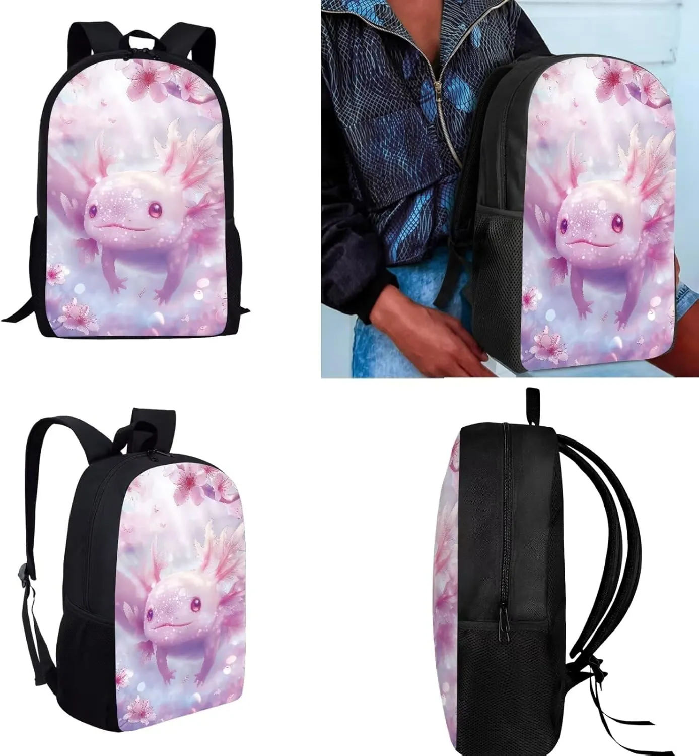 Cherry Blossom Axolotl backpack for Girls Kids Backpack with Lunch Box Water Bottle Holder and Pen Holder 4PCS Bookbag Set for Teen Girls 17" Aesthetic Elementary School Bag with Side Pocket
