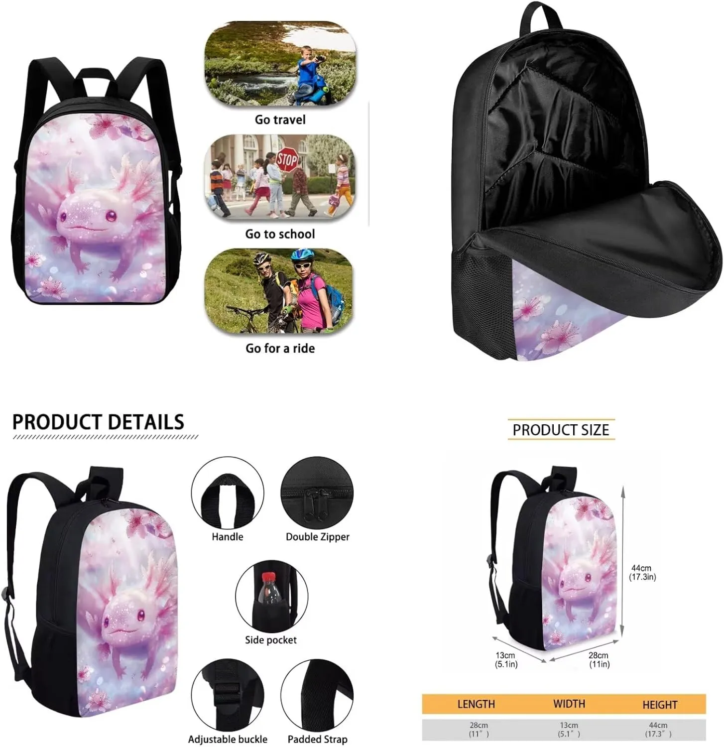 Cherry Blossom Axolotl backpack for Girls Kids Backpack with Lunch Box Water Bottle Holder and Pen Holder 4PCS Bookbag Set for Teen Girls 17" Aesthetic Elementary School Bag with Side Pocket