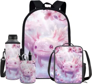 Cherry Blossom Axolotl backpack for Girls Kids Backpack with Lunch Box Water Bottle Holder and Pen Holder 4PCS Bookbag Set for Teen Girls 17" Aesthetic Elementary School Bag with Side Pocket