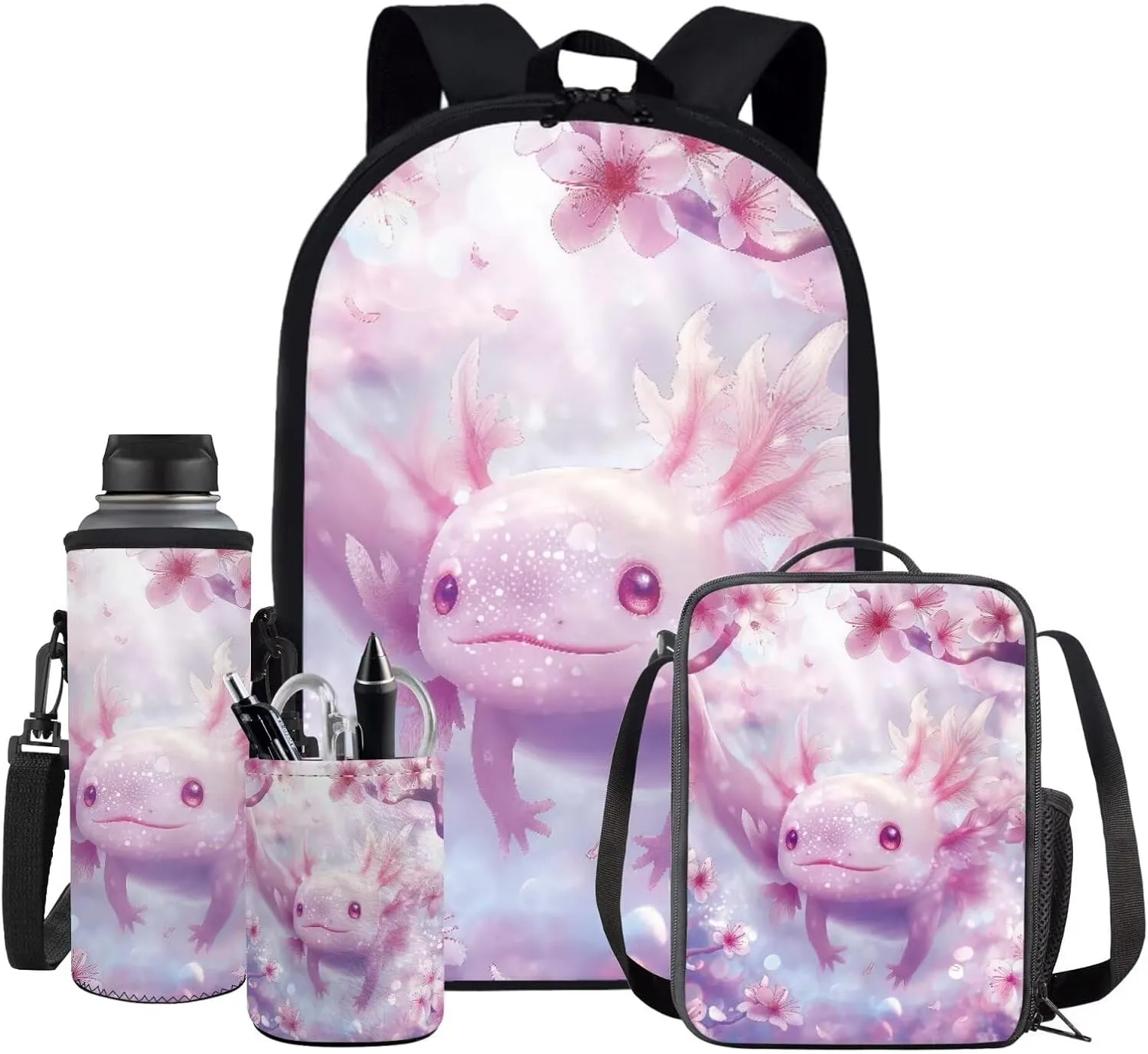 Cherry Blossom Axolotl backpack for Girls Kids Backpack with Lunch Box Water Bottle Holder and Pen Holder 4PCS Bookbag Set for Teen Girls 17" Aesthetic Elementary School Bag with Side Pocket