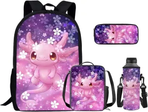 Cherry Blossom Axolotl Backpack for Girls Middle School Bookbags with Thermal Lunch Bag Water Bottle Holder and Pencil Case 4 Piece School Pack Back Set for Teens Picnic or Sports
