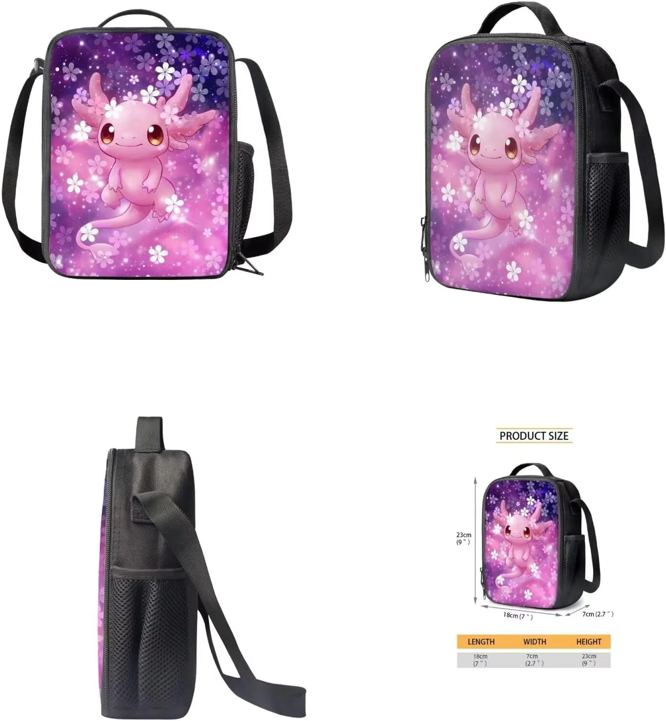 Cherry Blossom Axolotl Backpack for Girls Middle School Bookbags with Thermal Lunch Bag Water Bottle Holder and Pencil Case 4 Piece School Pack Back Set for Teens Picnic or Sports