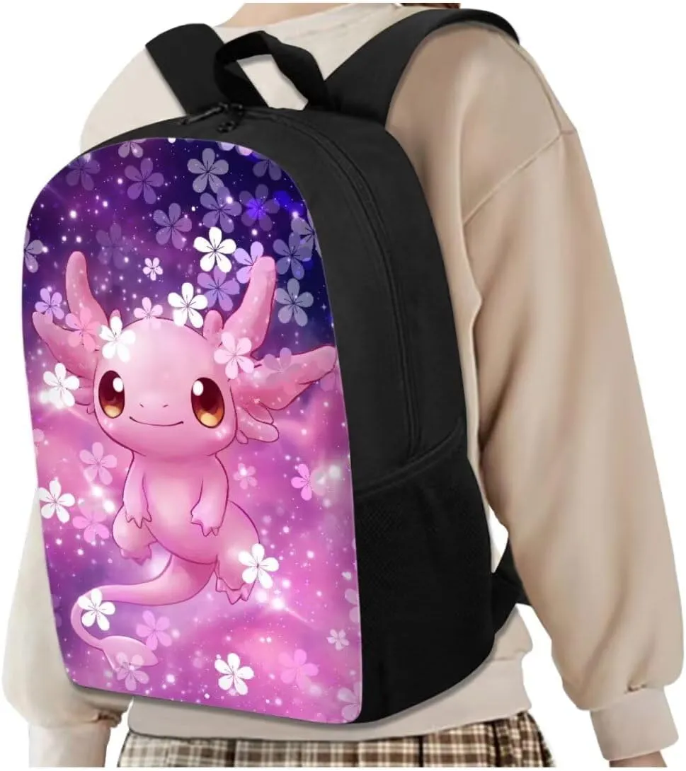 Cherry Blossom Axolotl Backpack for Girls Middle School Bookbags with Thermal Lunch Bag Water Bottle Holder and Pencil Case 4 Piece School Pack Back Set for Teens Picnic or Sports