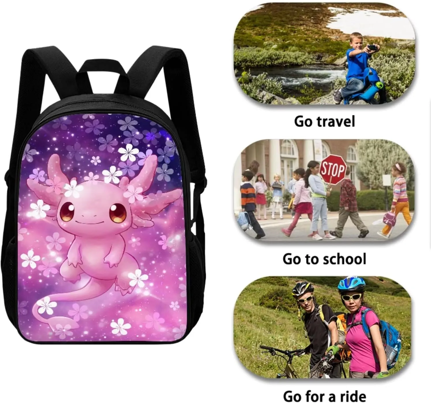 Cherry Blossom Axolotl Backpack for Girls Middle School Bookbags with Thermal Lunch Bag Water Bottle Holder and Pencil Case 4 Piece School Pack Back Set for Teens Picnic or Sports