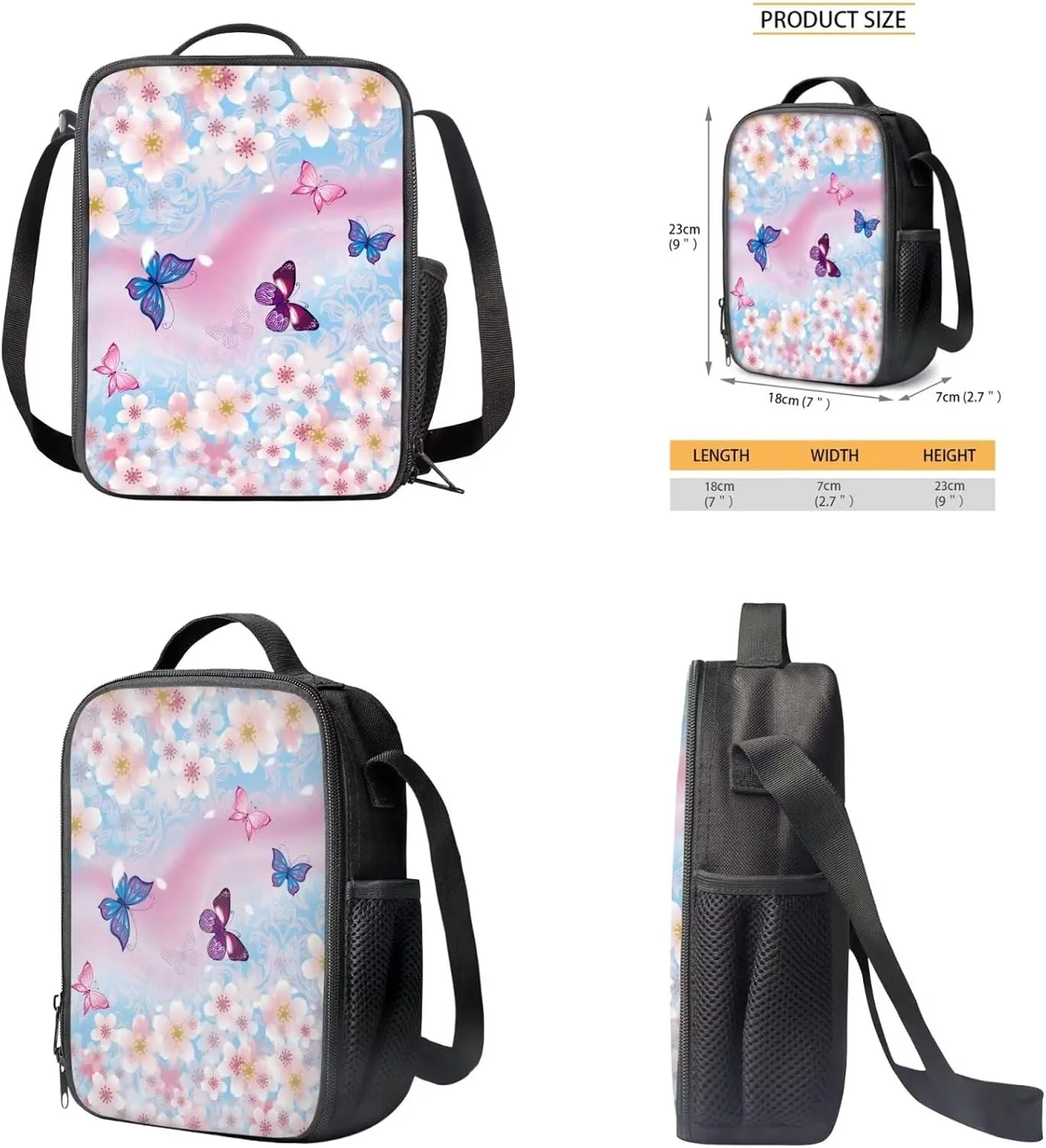 Cherry Blossom Butterfly Backpack for Girls Kids Backpack with Lunch Box Water Bottle Holder with Strap and Pencil Holder for Desk 4PCS Bookbag Set for Teen Girls 17 inch Aesthetic School Bag