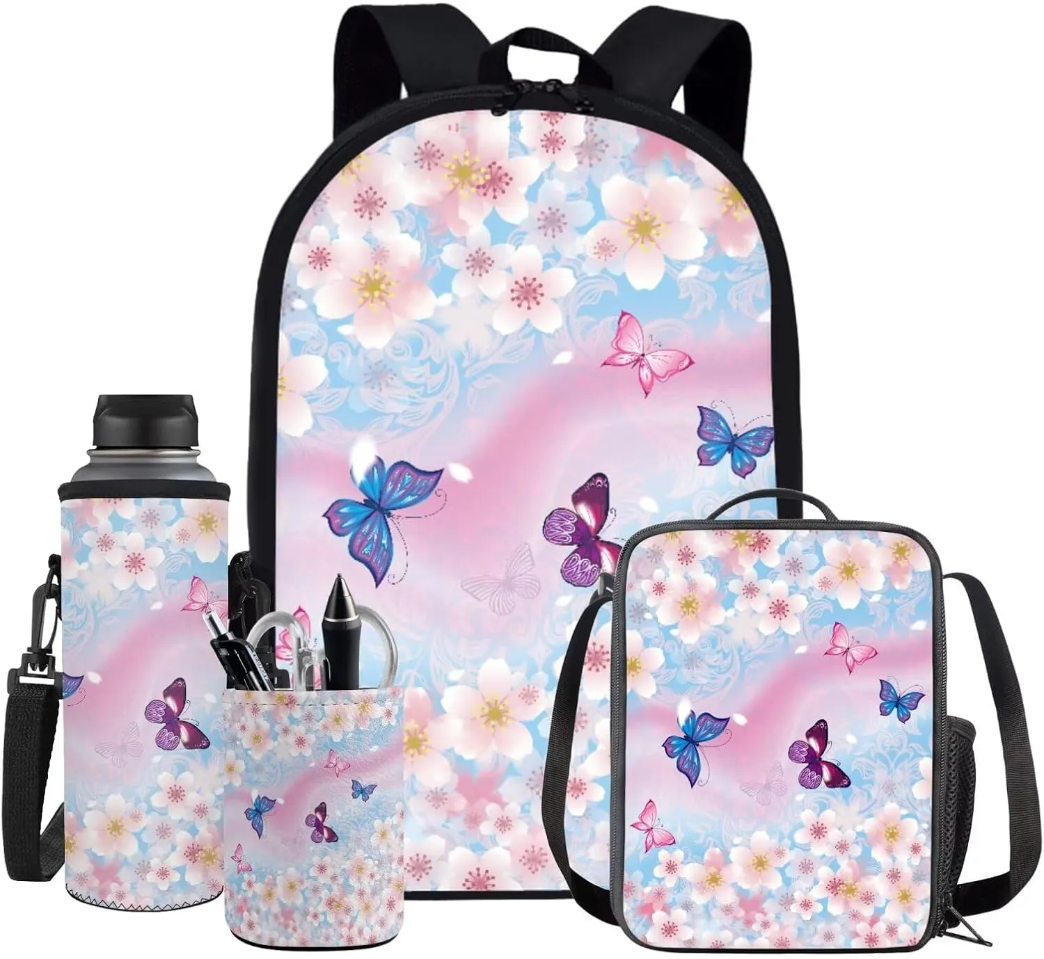 Cherry Blossom Butterfly Backpack for Girls Kids Backpack with Lunch Box Water Bottle Holder with Strap and Pencil Holder for Desk 4PCS Bookbag Set for Teen Girls 17 inch Aesthetic School Bag