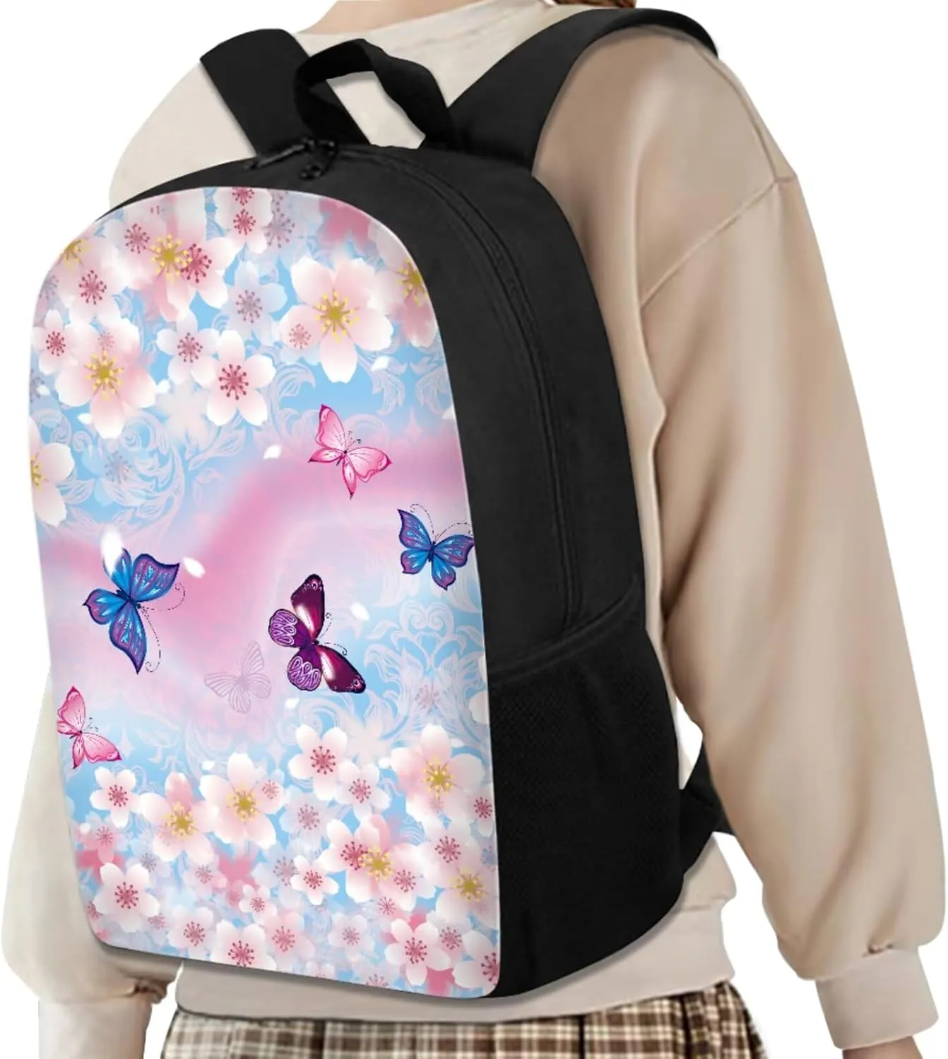 Cherry Blossom Butterfly Backpack for Girls Kids Backpack with Lunch Box Water Bottle Holder with Strap and Pencil Holder for Desk 4PCS Bookbag Set for Teen Girls 17 inch Aesthetic School Bag