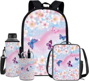 Cherry Blossom Butterfly Backpack for Girls Kids Backpack with Lunch Box Water Bottle Holder with Strap and Pencil Holder for Desk 4PCS Bookbag Set for Teen Girls 17 inch Aesthetic School Bag