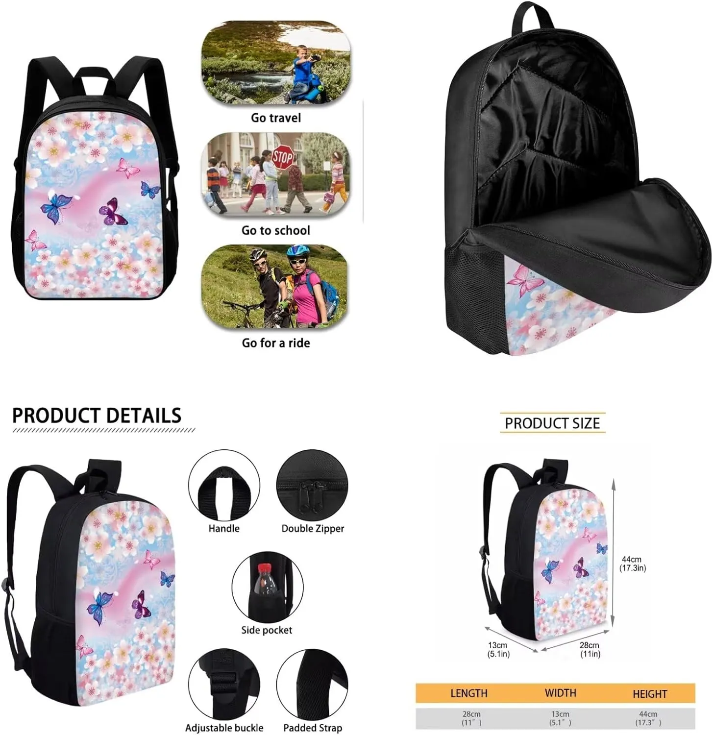 Cherry Blossom Butterfly Backpack for Girls Kids Backpack with Lunch Box Water Bottle Holder with Strap and Pencil Holder for Desk 4PCS Bookbag Set for Teen Girls 17 inch Aesthetic School Bag