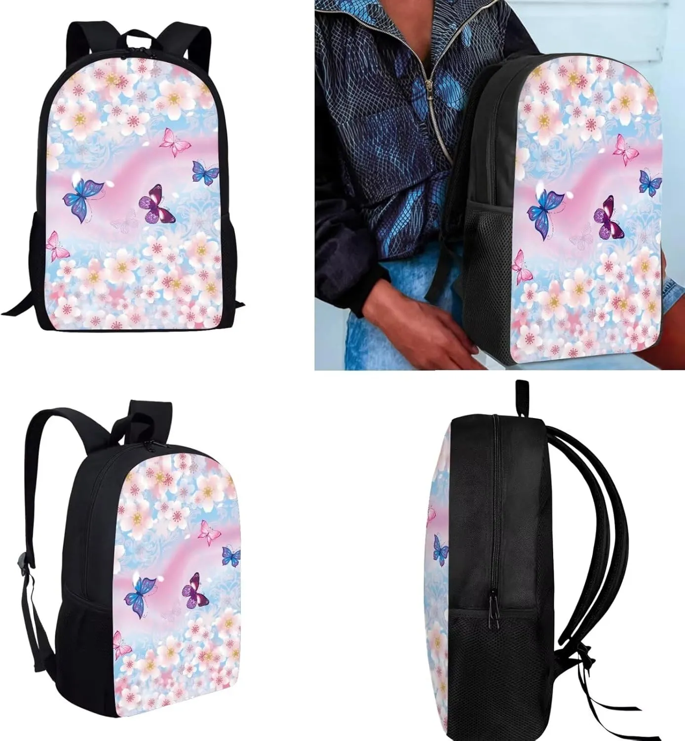 Cherry Blossom Butterfly Backpack for Girls Kids Backpack with Lunch Box Water Bottle Holder with Strap and Pencil Holder for Desk 4PCS Bookbag Set for Teen Girls 17 inch Aesthetic School Bag