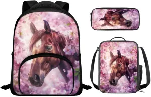 Cherry Blossom Horse Backpack for Girls Kids Backpack with Lunch Box and Large Pencil Bag 3 Pcs Set 12" Bookbag with Front Pocket Large Capacity School Bag with Side Pockets for Toddler