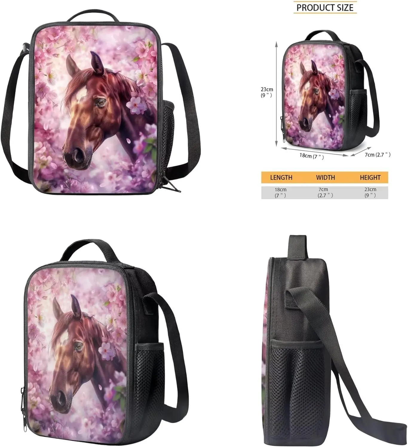 Cherry Blossom Horse Backpack for Girls Kids Backpack with Lunch Box and Large Pencil Bag 3 Pcs Set 12" Bookbag with Front Pocket Large Capacity School Bag with Side Pockets for Toddler