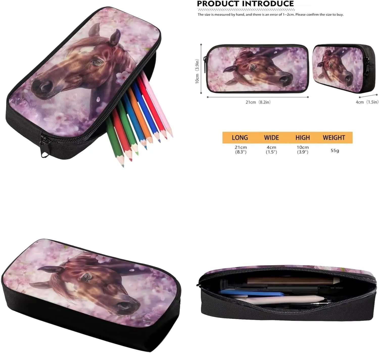 Cherry Blossom Horse Backpack for Girls Kids Backpack with Lunch Box and Large Pencil Bag 3 Pcs Set 12" Bookbag with Front Pocket Large Capacity School Bag with Side Pockets for Toddler