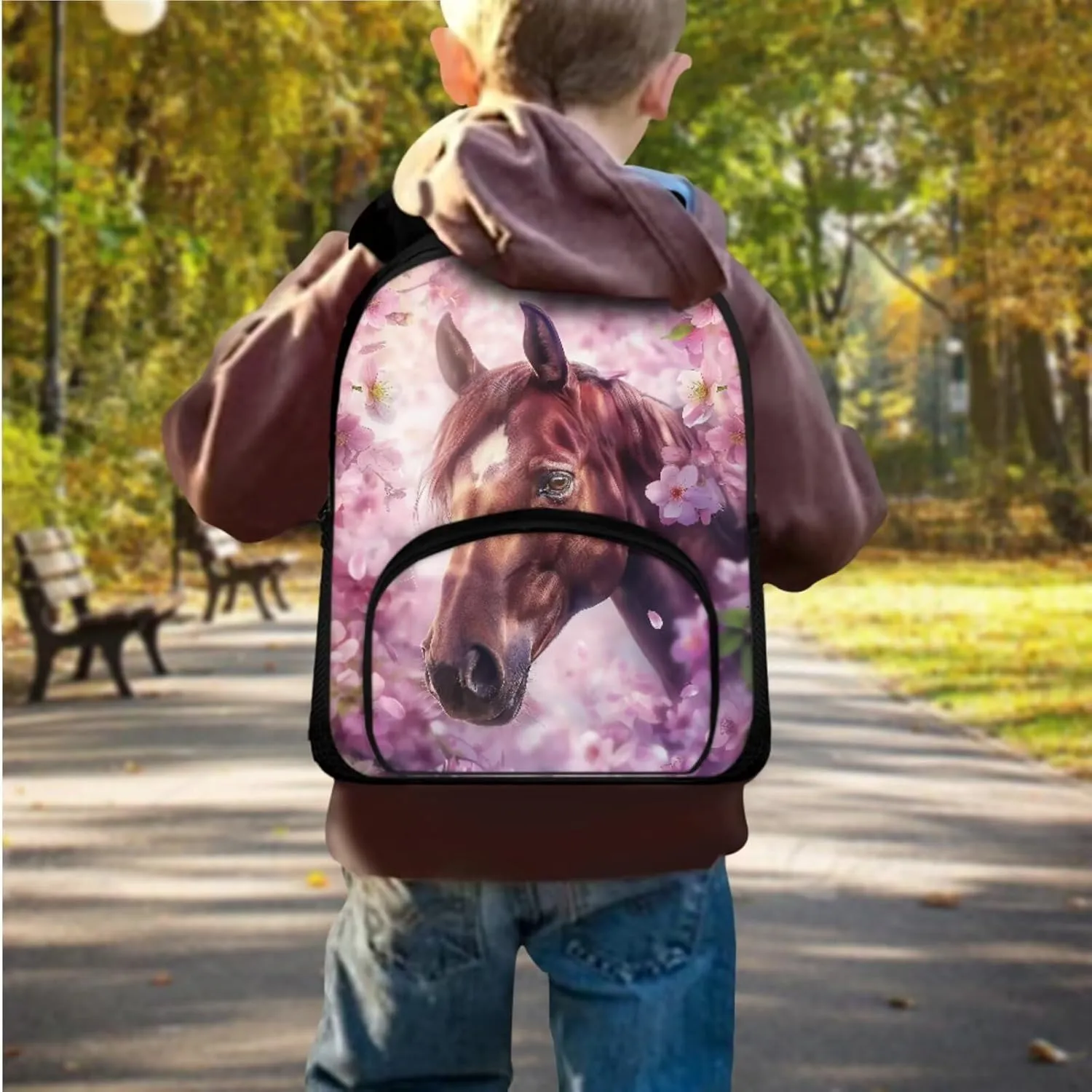 Cherry Blossom Horse Backpack for Girls Kids Backpack with Lunch Box and Large Pencil Bag 3 Pcs Set 12" Bookbag with Front Pocket Large Capacity School Bag with Side Pockets for Toddler