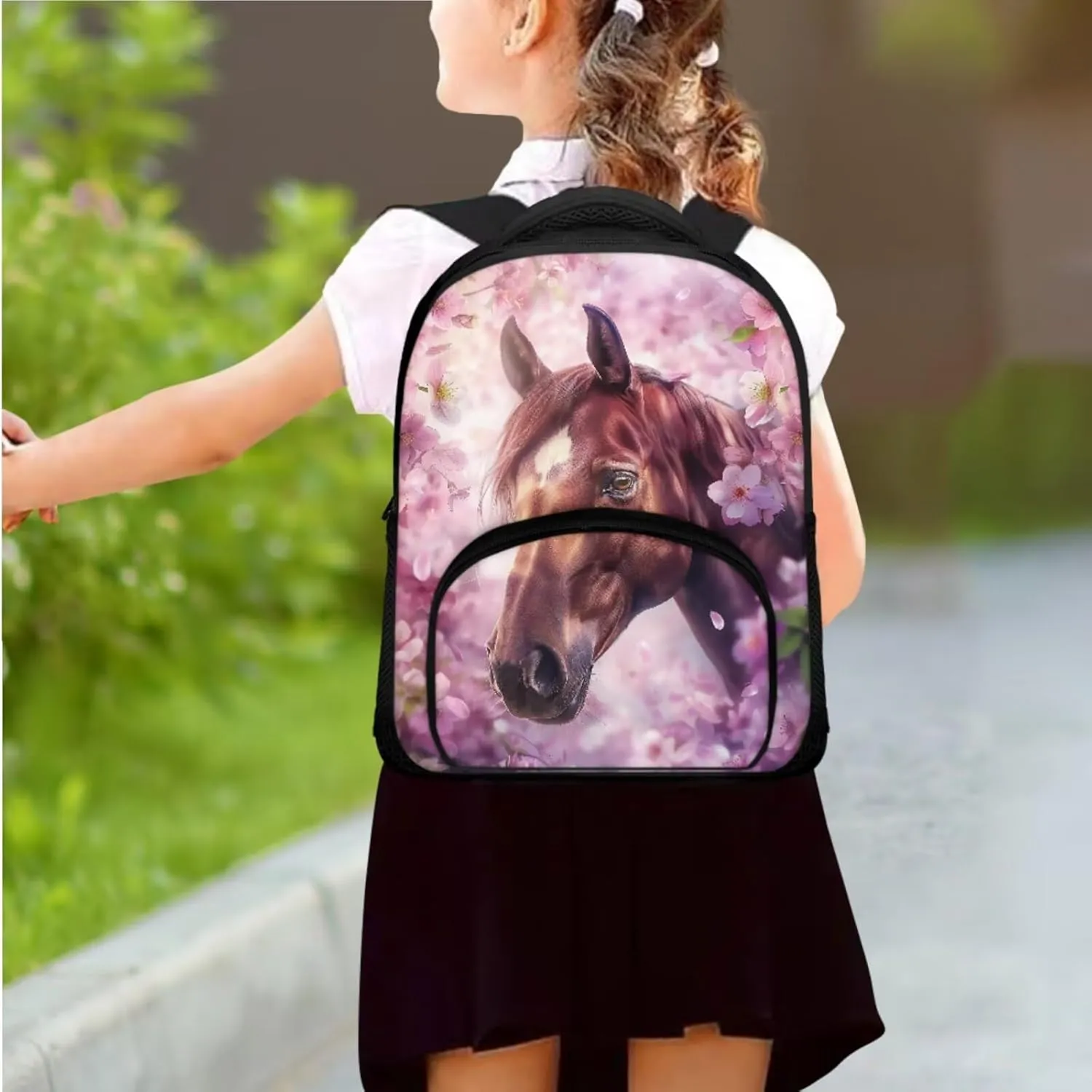 Cherry Blossom Horse Backpack for Girls Kids Backpack with Lunch Box and Large Pencil Bag 3 Pcs Set 12" Bookbag with Front Pocket Large Capacity School Bag with Side Pockets for Toddler