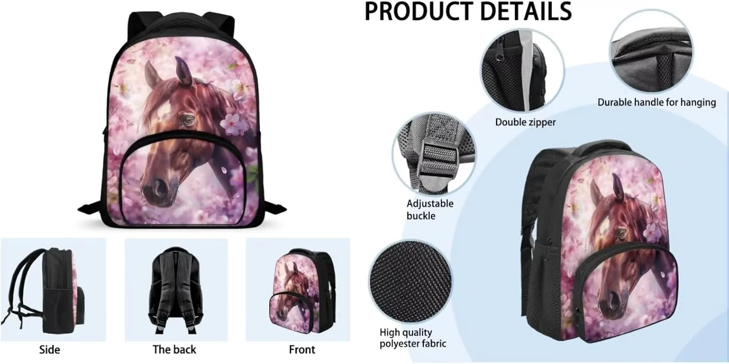 Cherry Blossom Horse Backpack for Girls Kids Backpack with Lunch Box and Large Pencil Bag 3 Pcs Set 12" Bookbag with Front Pocket Large Capacity School Bag with Side Pockets for Toddler