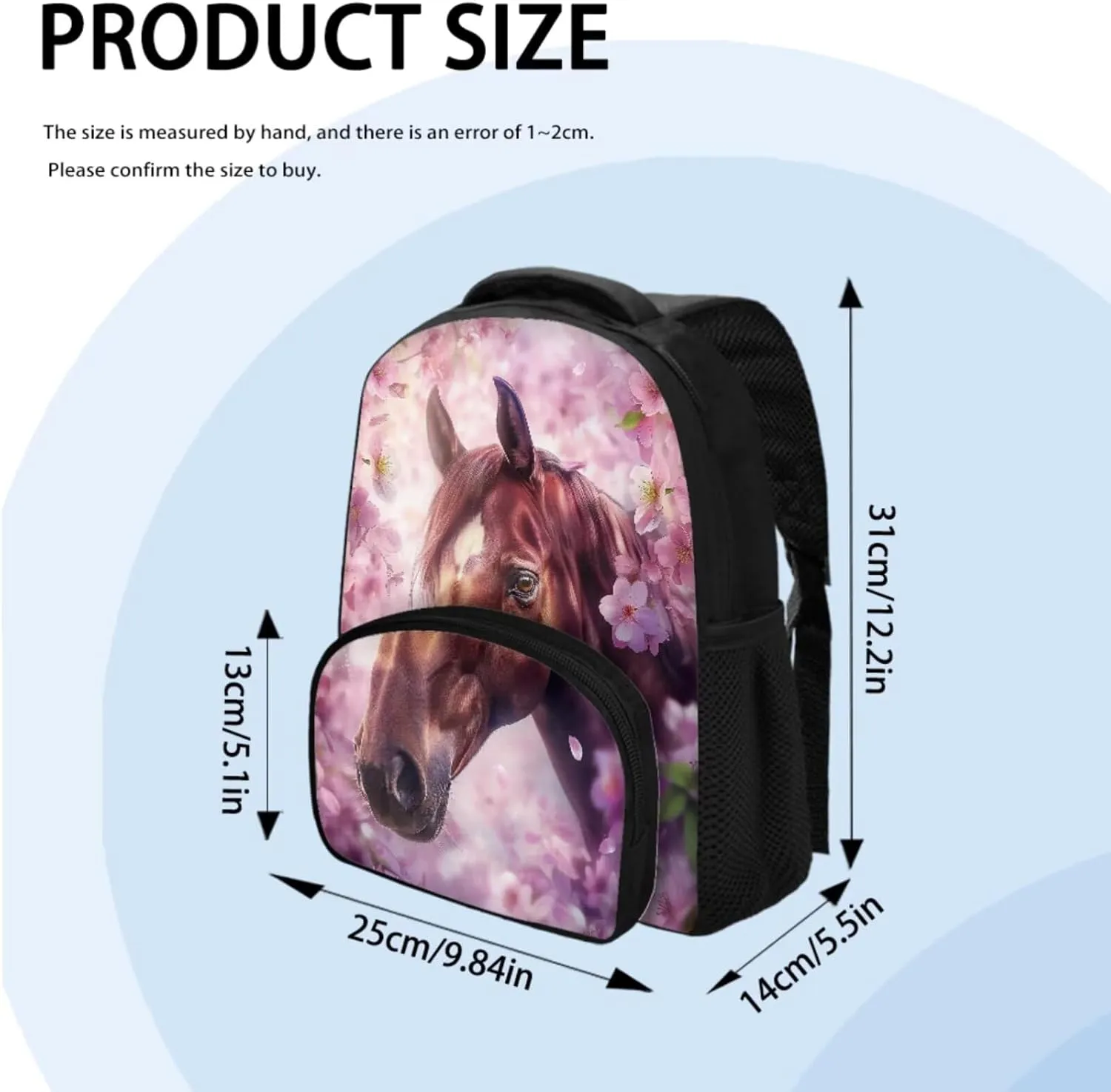 Cherry Blossom Horse Backpack for Girls Kids Backpack with Lunch Box and Large Pencil Bag 3 Pcs Set 12" Bookbag with Front Pocket Large Capacity School Bag with Side Pockets for Toddler