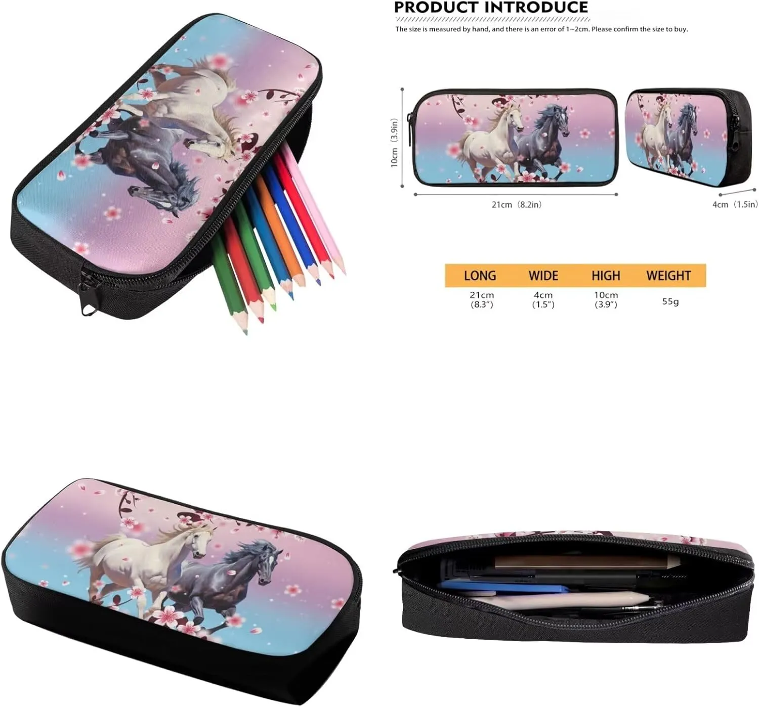 Cherry Blossom Horse Backpack for Girls Kids Backpack with Lunch Box Water Bottle Bag and Aesthetic Pencil Case 4PCS Set Bookbag with Compartments for School Teens 17 inch Sturdy School Bag