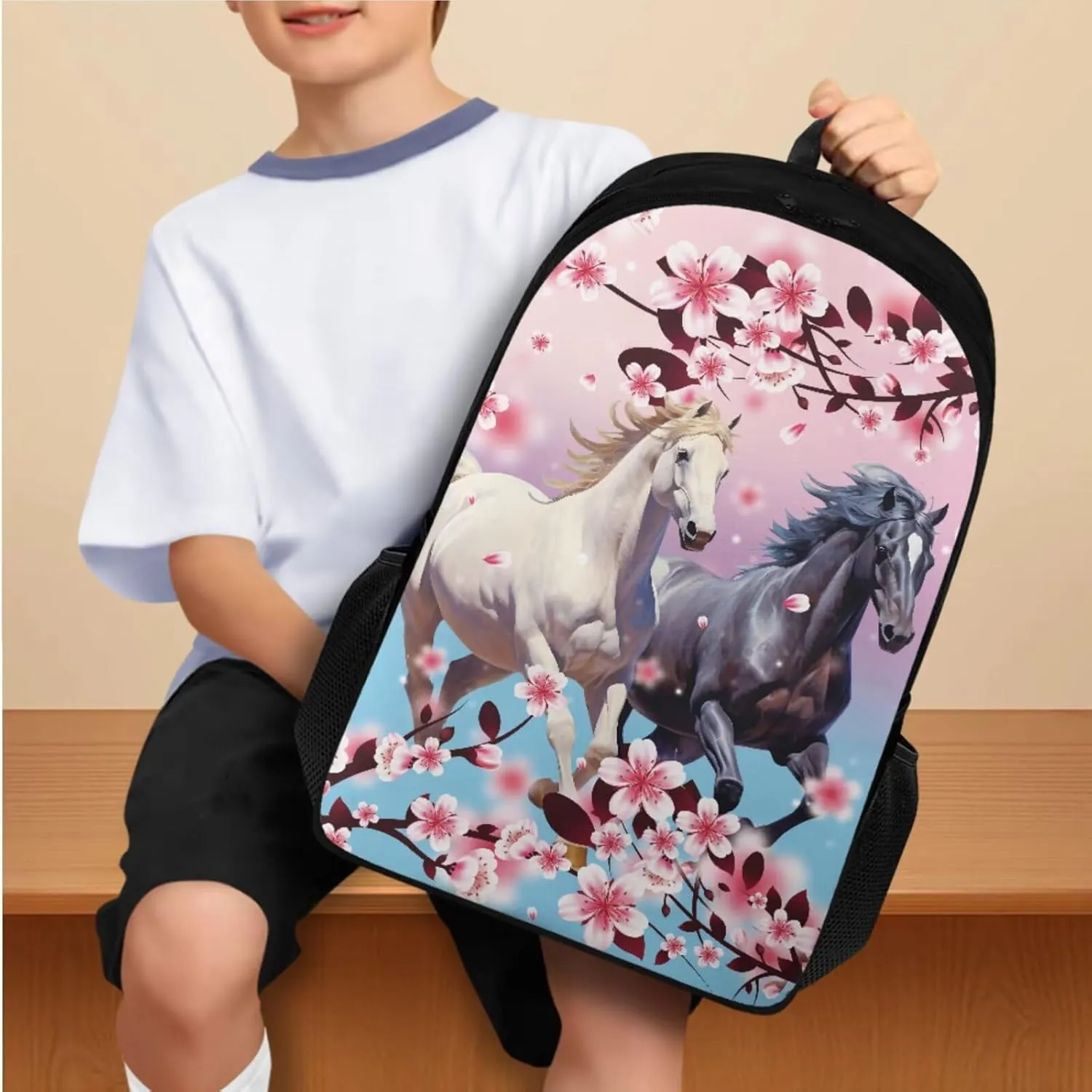Cherry Blossom Horse Backpack for Girls Kids Backpack with Lunch Box Water Bottle Bag and Aesthetic Pencil Case 4PCS Set Bookbag with Compartments for School Teens 17 inch Sturdy School Bag