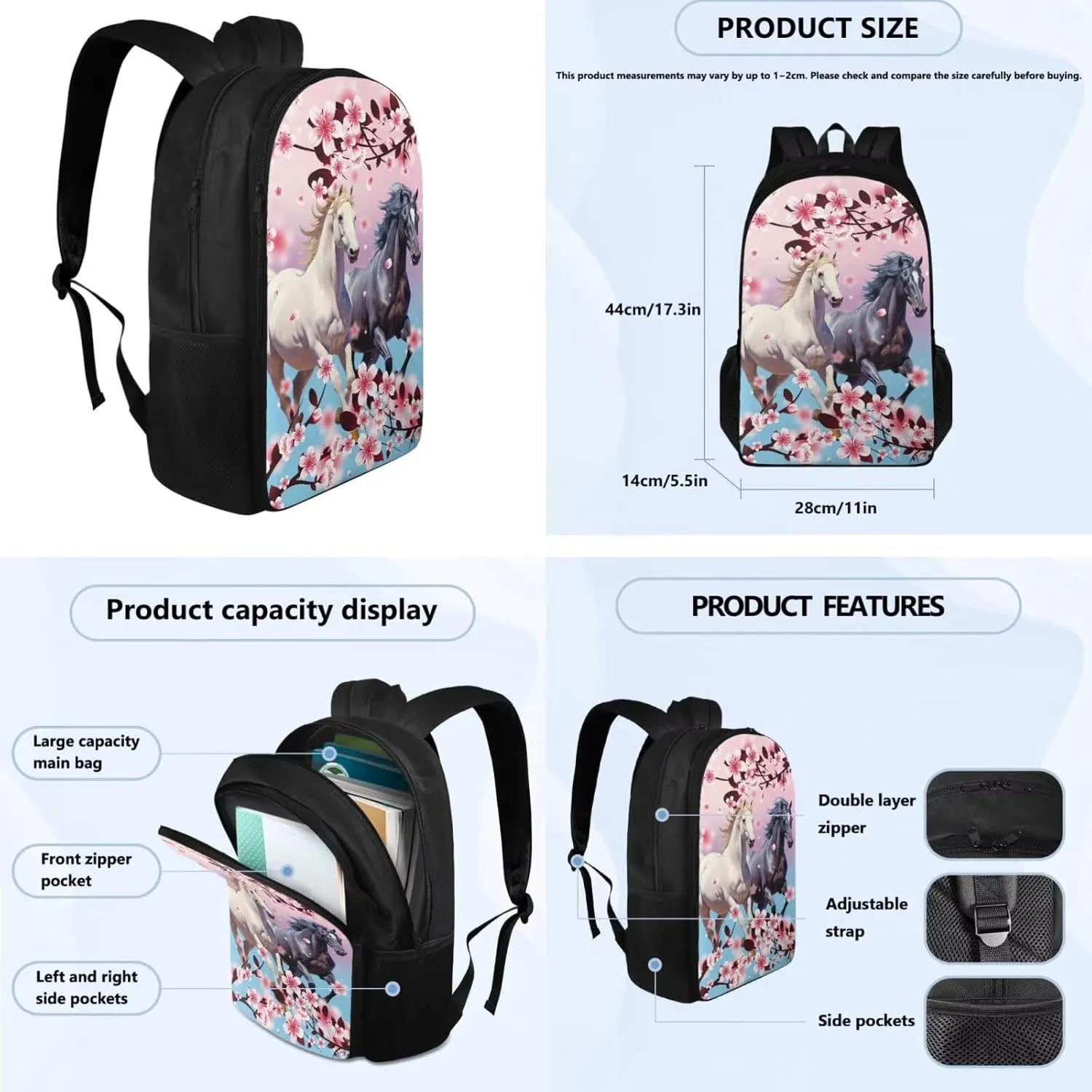 Cherry Blossom Horse Backpack for Girls Kids Backpack with Lunch Box Water Bottle Bag and Aesthetic Pencil Case 4PCS Set Bookbag with Compartments for School Teens 17 inch Sturdy School Bag