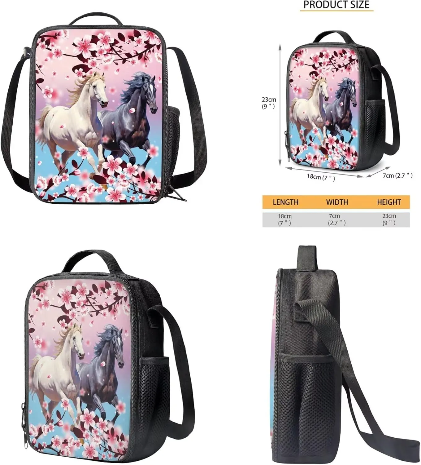 Cherry Blossom Horse Backpack for Girls Kids Backpack with Lunch Box Water Bottle Bag and Aesthetic Pencil Case 4PCS Set Bookbag with Compartments for School Teens 17 inch Sturdy School Bag
