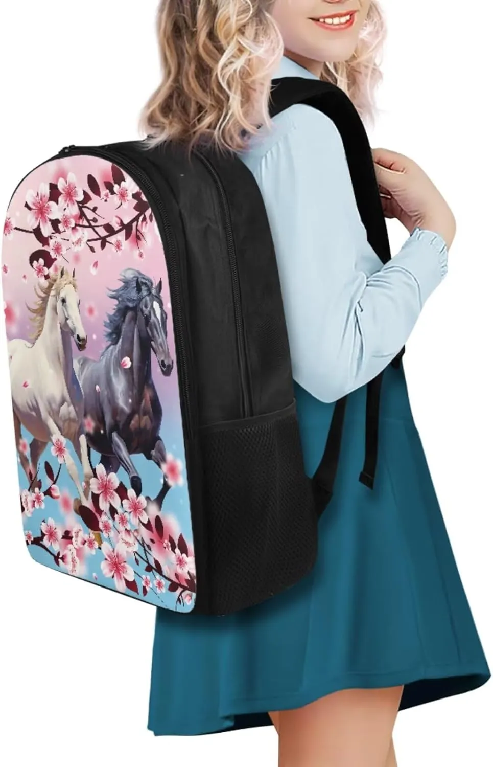 Cherry Blossom Horse Backpack for Girls Kids Backpack with Lunch Box Water Bottle Bag and Aesthetic Pencil Case 4PCS Set Bookbag with Compartments for School Teens 17 inch Sturdy School Bag
