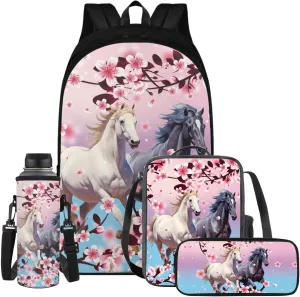 Cherry Blossom Horse Backpack for Girls Kids Backpack with Lunch Box Water Bottle Bag and Aesthetic Pencil Case 4PCS Set Bookbag with Compartments for School Teens 17 inch Sturdy School Bag