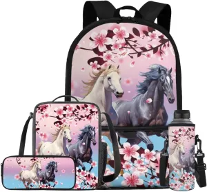 Cherry Blossom Horse Backpack for Girls Kids Backpack with Lunch Box Water Bottle Bag and Aesthetic Pencil Case 4PCS Set Bookbag with Front Pocket for School Teens 17 inch Sturdy School Bag