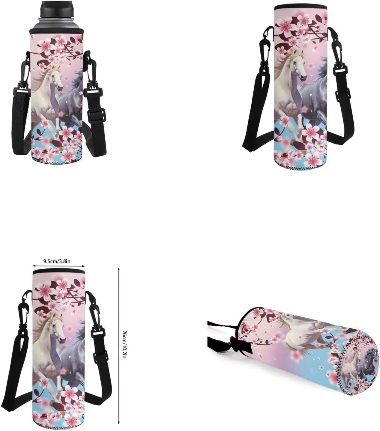 Cherry Blossom Horse Backpack for Girls Kids Backpack with Lunch Box Water Bottle Bag and Aesthetic Pencil Case 4PCS Set Bookbag with Front Pocket for School Teens 17 inch Sturdy School Bag
