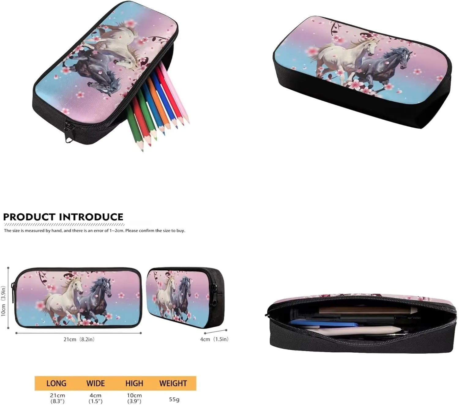 Cherry Blossom Horse Backpack for Girls Kids Backpack with Lunch Box Water Bottle Bag and Aesthetic Pencil Case 4PCS Set Bookbag with Front Pocket for School Teens 17 inch Sturdy School Bag