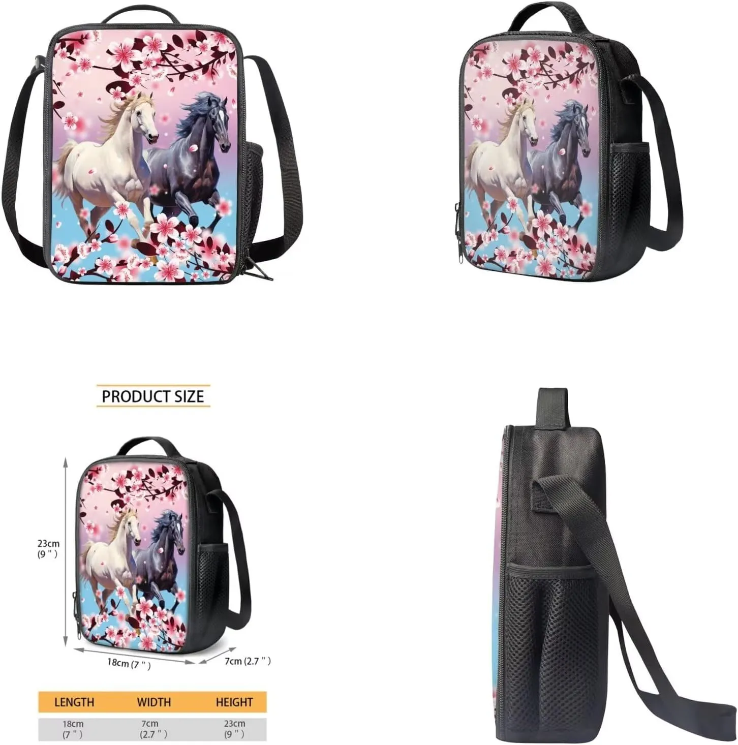 Cherry Blossom Horse Backpack for Girls Kids Backpack with Lunch Box Water Bottle Bag and Aesthetic Pencil Case 4PCS Set Bookbag with Front Pocket for School Teens 17 inch Sturdy School Bag