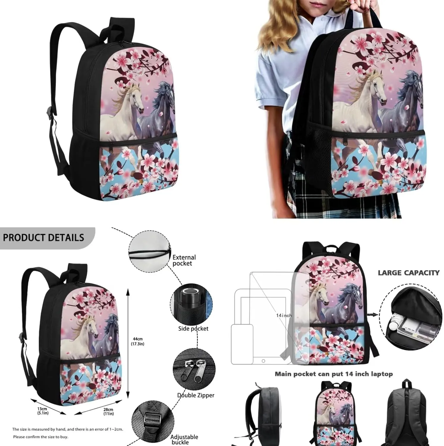 Cherry Blossom Horse Backpack for Girls Kids Backpack with Lunch Box Water Bottle Bag and Aesthetic Pencil Case 4PCS Set Bookbag with Front Pocket for School Teens 17 inch Sturdy School Bag
