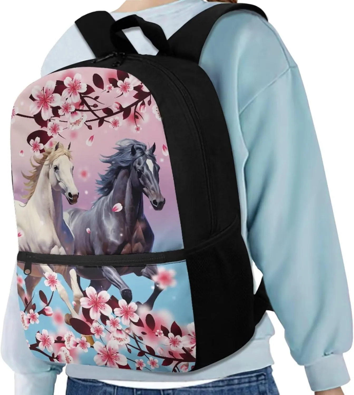 Cherry Blossom Horse Backpack for Girls Kids Backpack with Lunch Box Water Bottle Bag and Aesthetic Pencil Case 4PCS Set Bookbag with Front Pocket for School Teens 17 inch Sturdy School Bag