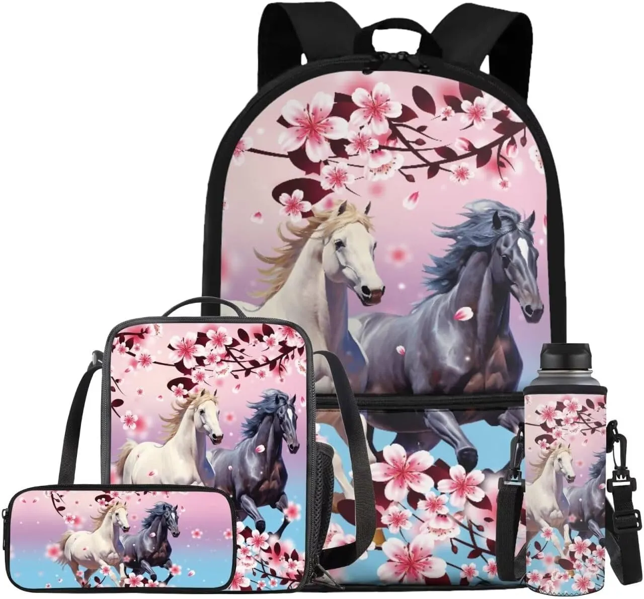 Cherry Blossom Horse Backpack for Girls Kids Backpack with Lunch Box Water Bottle Bag and Aesthetic Pencil Case 4PCS Set Bookbag with Front Pocket for School Teens 17 inch Sturdy School Bag