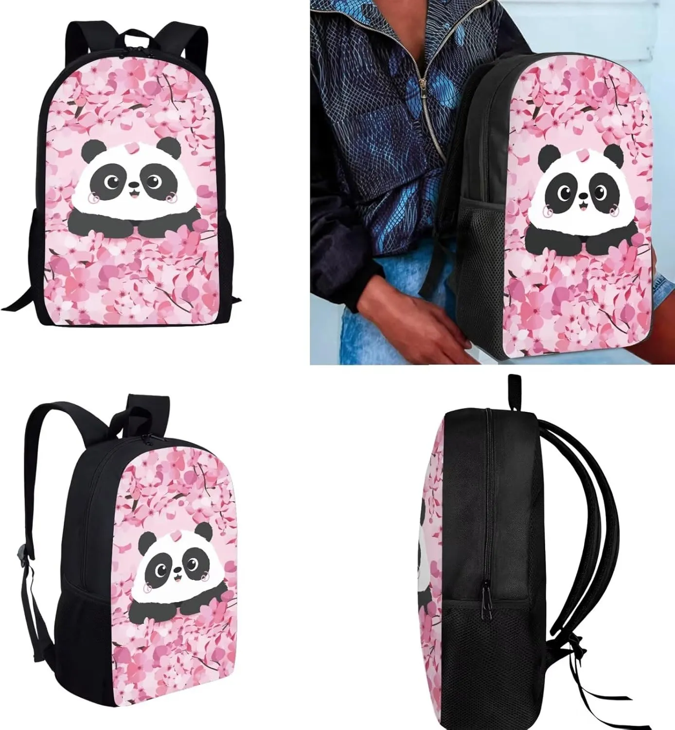 Cherry Blossom Panda Backpack for Girls Kids Backpack with Lunch Box Water Bottle Carrier and Desk Pen Holder 4 in 1 Cute Bookbag Set 17 inch School Bag with Side Pocket for Elementary Girls