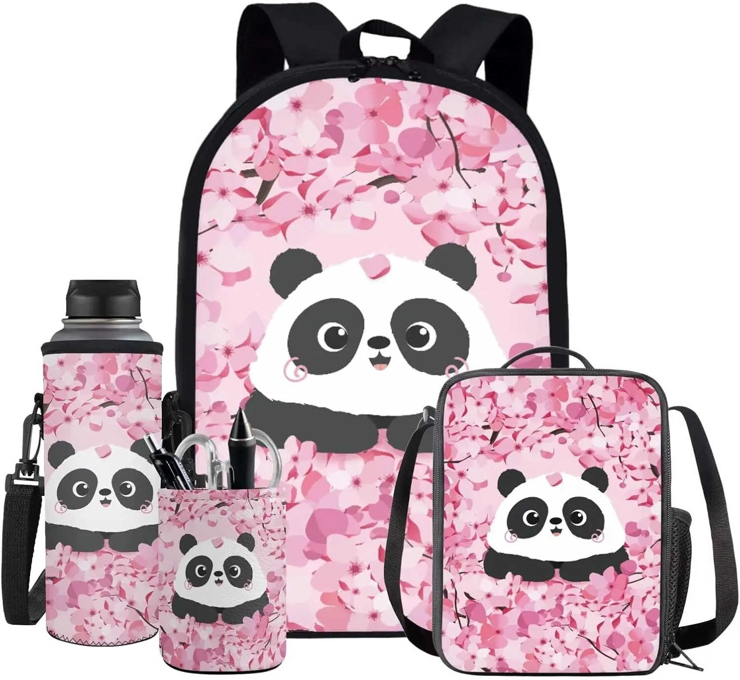 Cherry Blossom Panda Backpack for Girls Kids Backpack with Lunch Box Water Bottle Carrier and Desk Pen Holder 4 in 1 Cute Bookbag Set 17 inch School Bag with Side Pocket for Elementary Girls