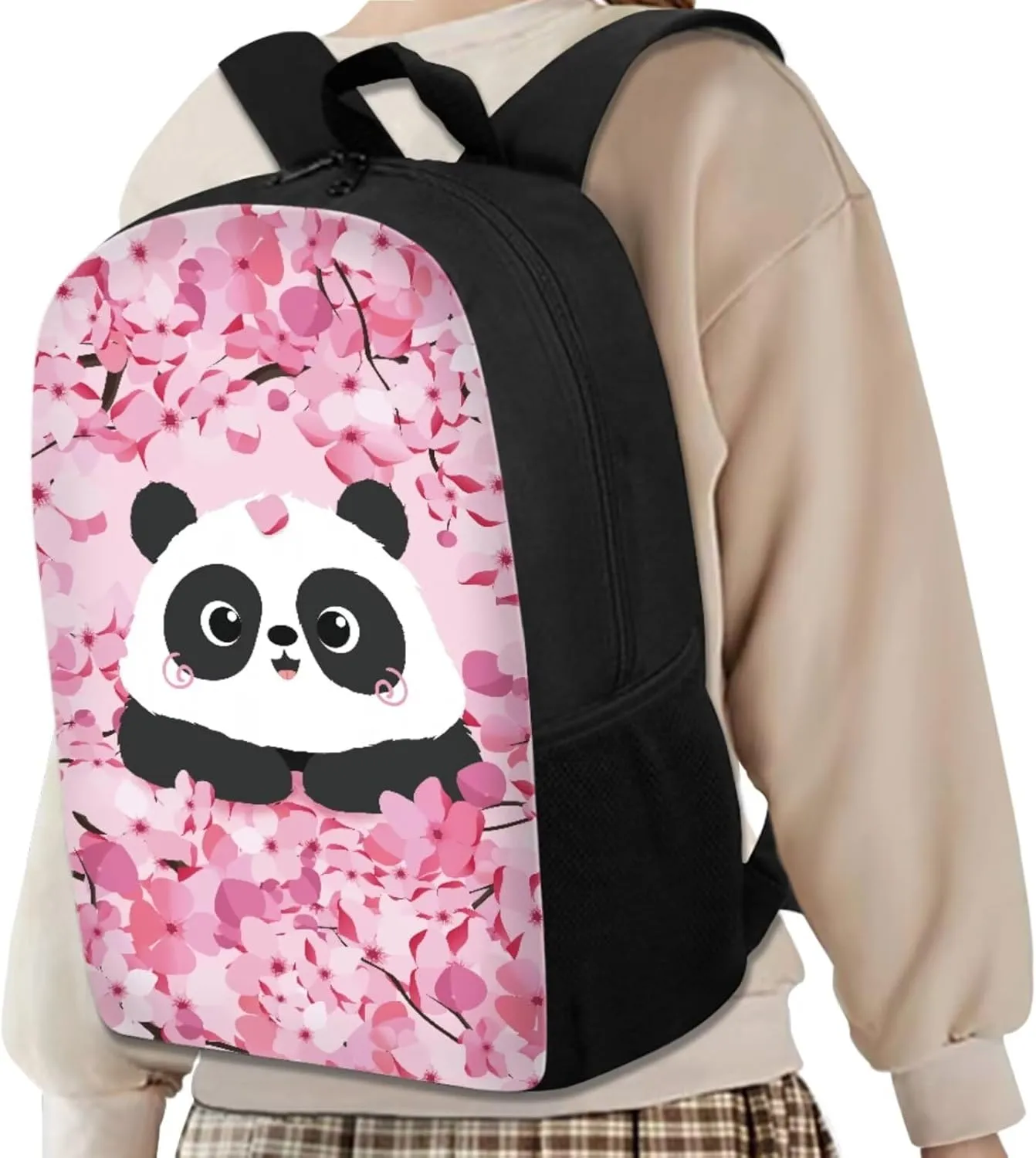 Cherry Blossom Panda Backpack for Girls Kids Backpack with Lunch Box Water Bottle Carrier and Desk Pen Holder 4 in 1 Cute Bookbag Set 17 inch School Bag with Side Pocket for Elementary Girls