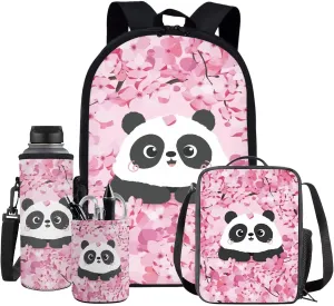 Cherry Blossom Panda Backpack for Girls Kids Backpack with Lunch Box Water Bottle Carrier and Desk Pen Holder 4 in 1 Cute Bookbag Set 17 inch School Bag with Side Pocket for Elementary Girls