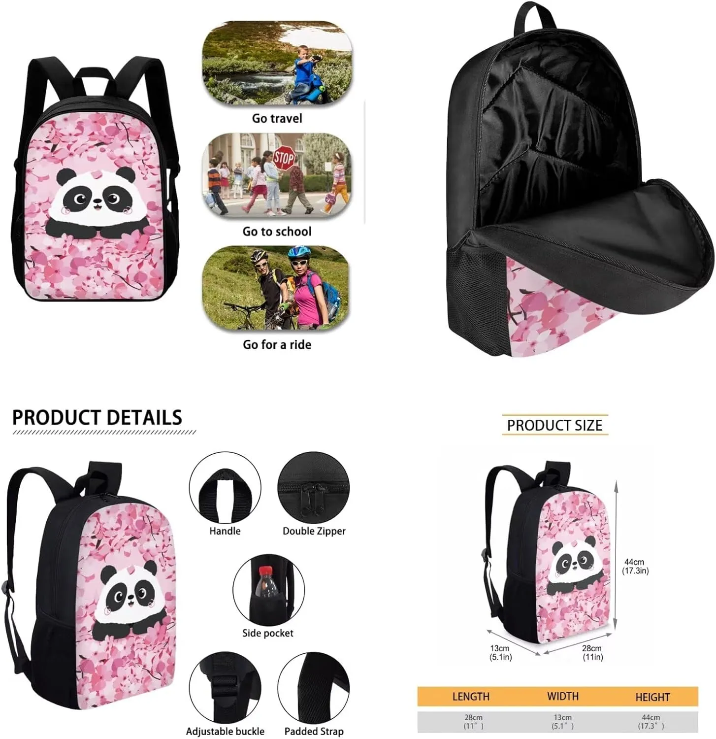 Cherry Blossom Panda Backpack for Girls Kids Backpack with Lunch Box Water Bottle Carrier and Desk Pen Holder 4 in 1 Cute Bookbag Set 17 inch School Bag with Side Pocket for Elementary Girls