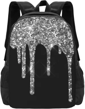 Chic Silver Glitter Drips Sparkle Black Lightweight Packable Backpack Travel Casual Large Capacity Daypack Foldable Backpack For Men Women