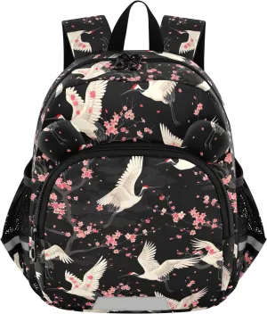 CHIFIGNO Toddler Girl Backpack with Leash, White Cranes Pink Cherry Blossoms Travel Back Pack Small Kids School Bag
