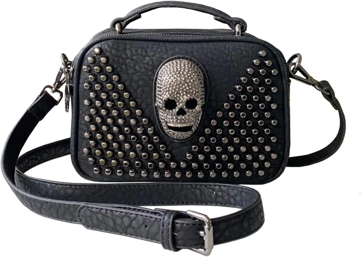 Chikencall Studded Skull Shoulder Bag for Women Small Leather Rivet Crossbody Boston Bag