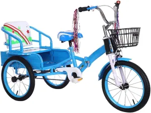 Children Bikes with Passenger Seat & Storage Bucket,Foldable Kids Trike Shock-Absorbing Fork, Padded Seat - Stable 3-Wheel Design for Beginner Riders (Gift Idea),Blue,16in