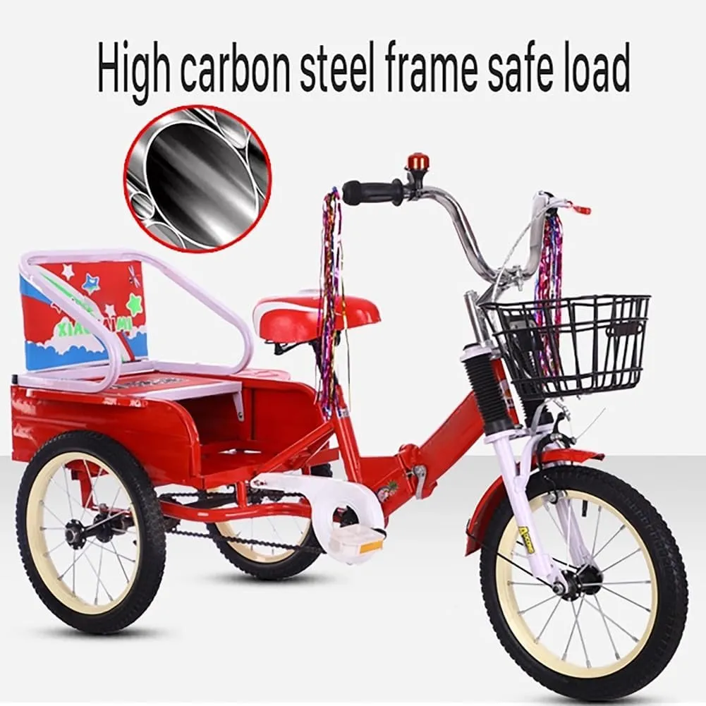 Children Bikes with Passenger Seat & Storage Bucket,Foldable Kids Trike Shock-Absorbing Fork, Padded Seat - Stable 3-Wheel Design for Beginner Riders (Gift Idea),Blue,16in