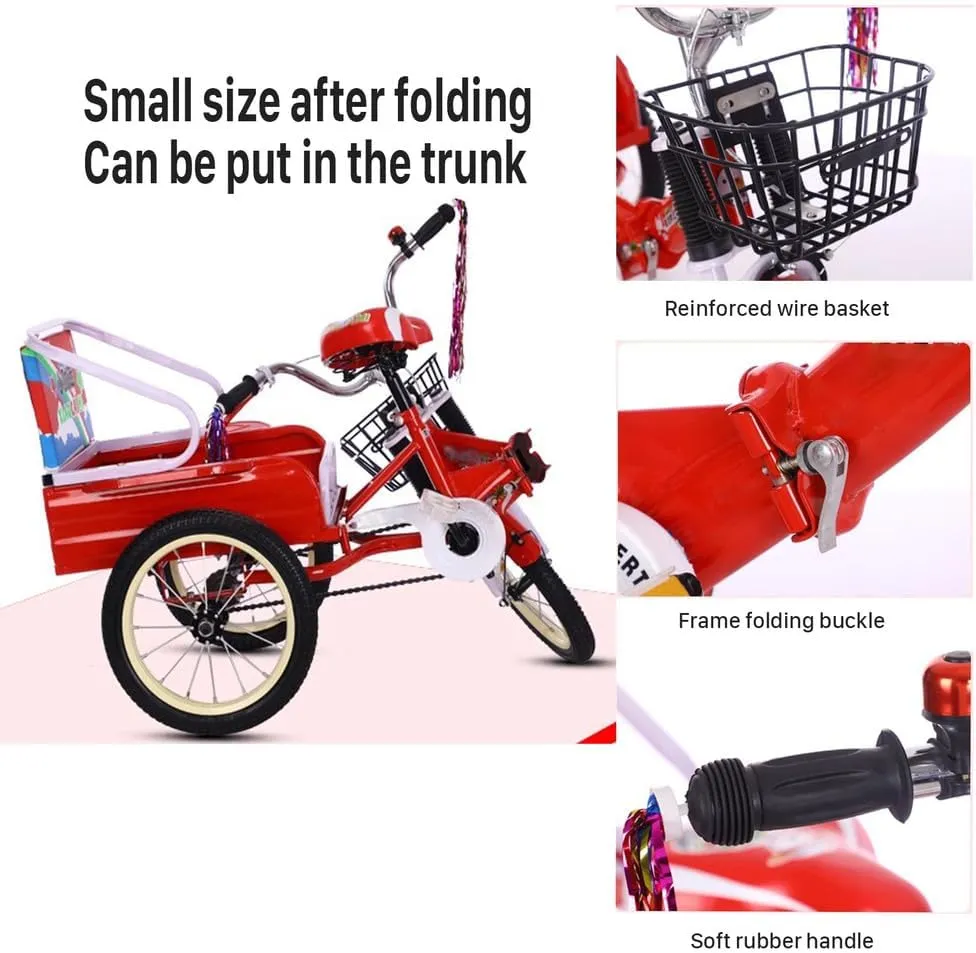 Children Bikes with Passenger Seat & Storage Bucket,Foldable Kids Trike Shock-Absorbing Fork, Padded Seat - Stable 3-Wheel Design for Beginner Riders (Gift Idea),Blue,16in