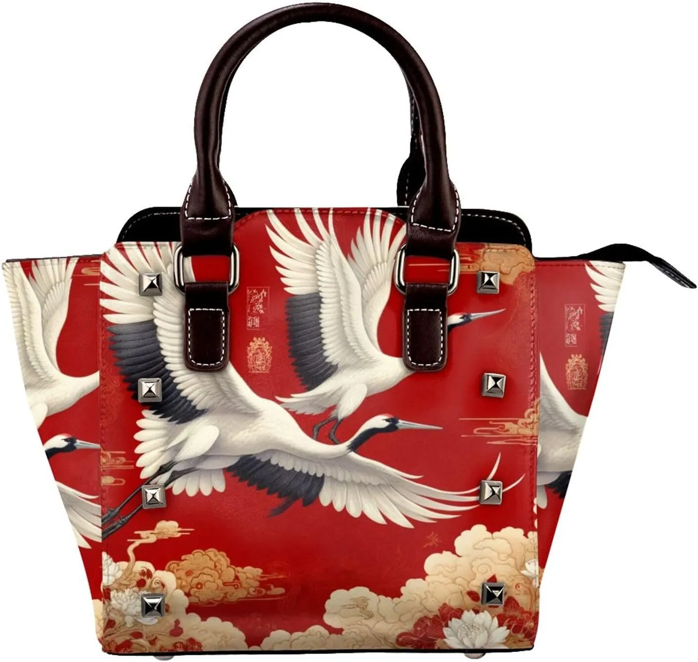 Chinese-Golden-Cranes-Peonies Pu Leather Crossbody Studded Bag, Fashionable Shoulder Handbag With Detachable Shoulder Strap